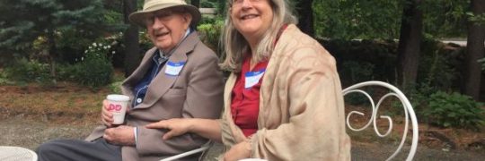 Jeanne Maurand of Hamilton and her father, Bob Yntema of Ipswich, relax in the garden at Rest.Stop.Ranch in Topsfield, MA.